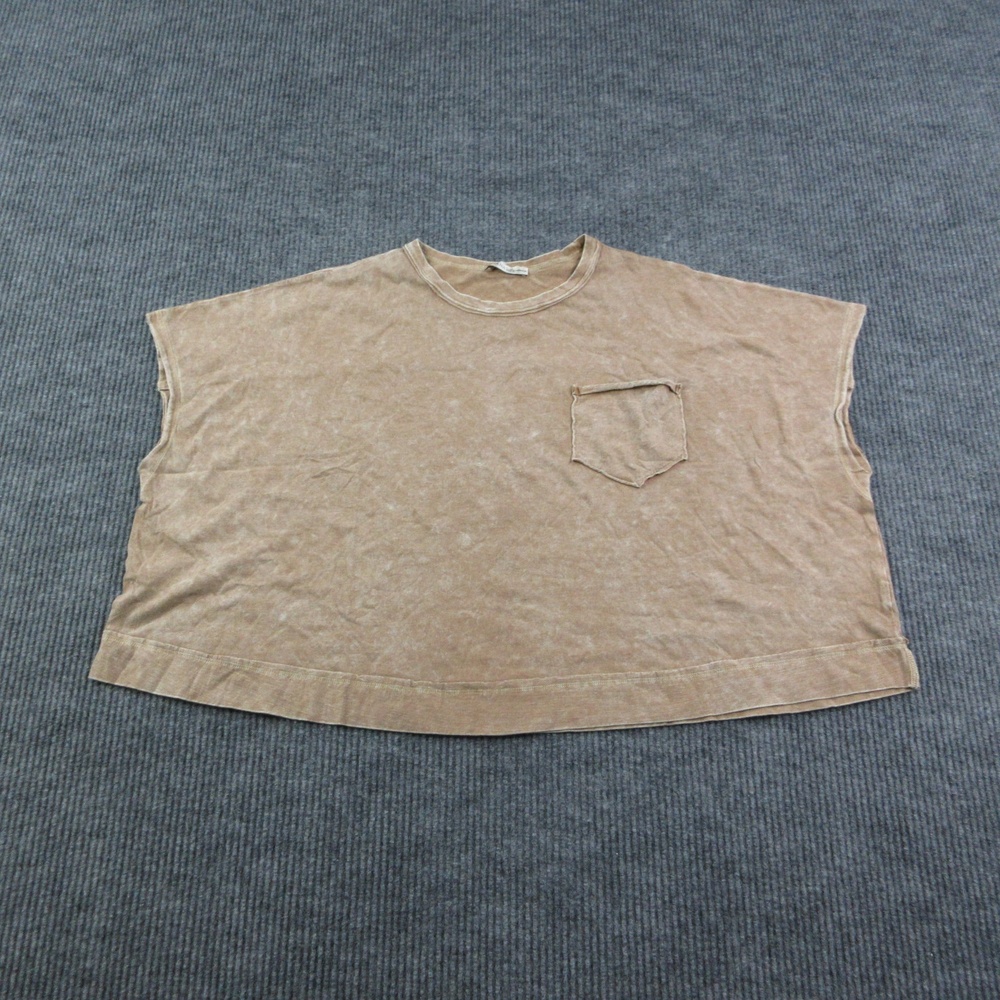 ZENANA Shirt Womens L/XL Beige Short Sleeve Crew Neck 100% Cotton Pocket